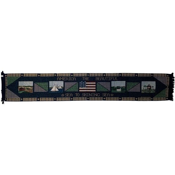 Vintage Tapestry Table Runner America the Beautiful Blue USA Warren Kimble 12x72 - Picture 1 of 6